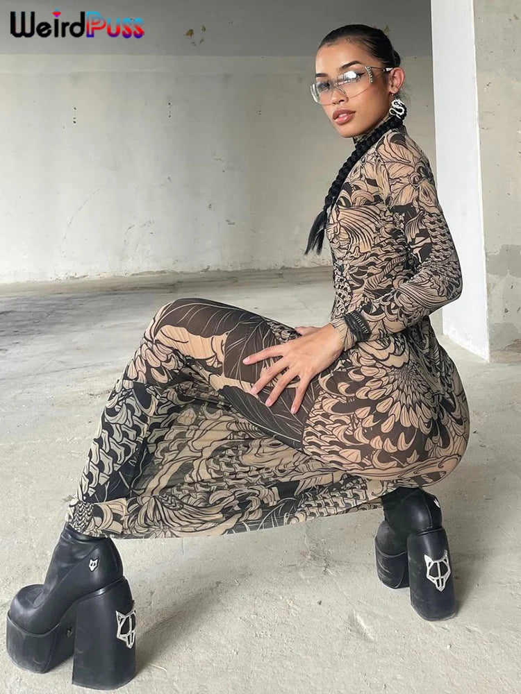 Weird Puss Mesh Print Maxi Dress for Women Turtleneck Full Sleeve Bodycon Autumn Trendy Hipster High Street Party Y2K Attire - NIICY