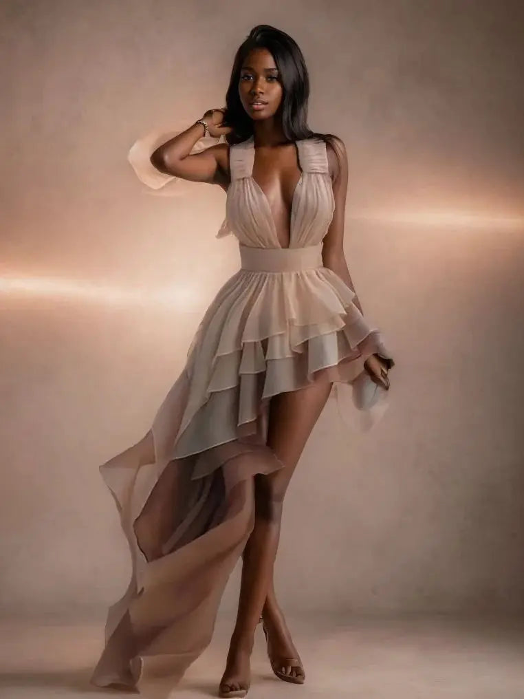 Women’s Tiered Tassel Backless Halter Dress with Gradient Color Lace and Pleated Design for Beach Vacations and Party Looks