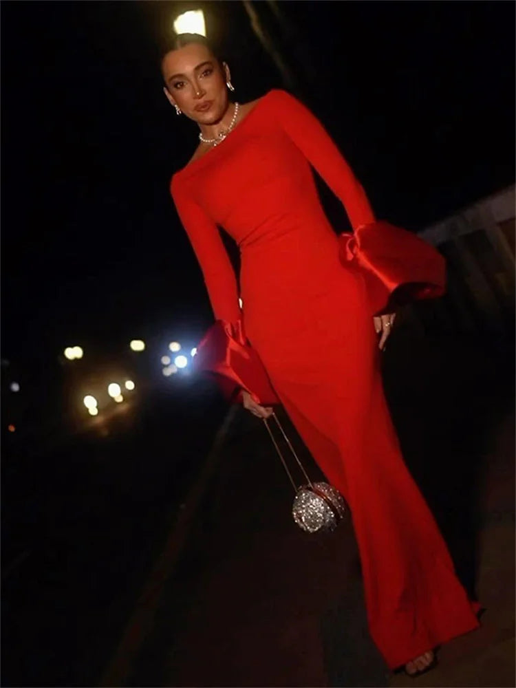 Weird Puss Christmas Slash Neck Dress for Women Elegant Autumn Patchwork Flower Sleeve Solid Skinny Vestidos for Birthday Parties