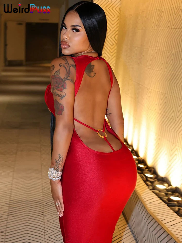 Seductive Hollow Backless Sleeveless Bodycon Dress with Ring Clasp and Low Neck for Party and Rave Events