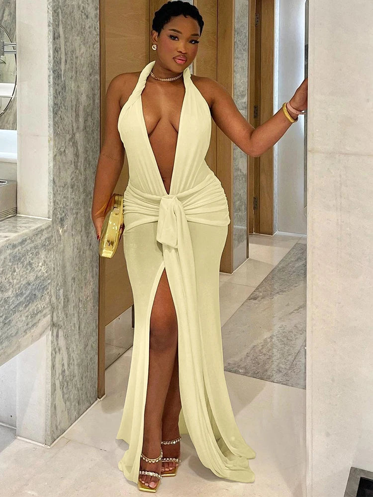 Weird Puss Peach Buttocks Sexy Dress for Women Halter Neck Backless V-Neck Knot Ribbon Summer Party Dress