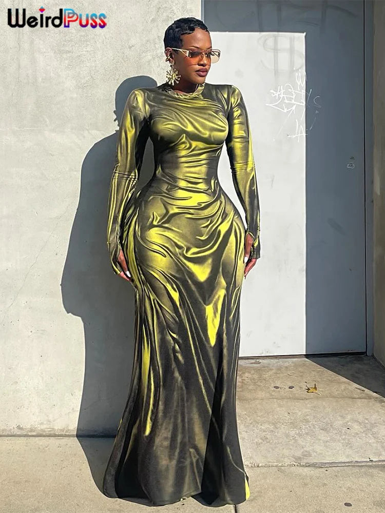 Weird Puss Sexy Light Print Dress for Women Elegant Fall Long Sleeve Maxi Bodycon with O-Neck and Street Style Fit