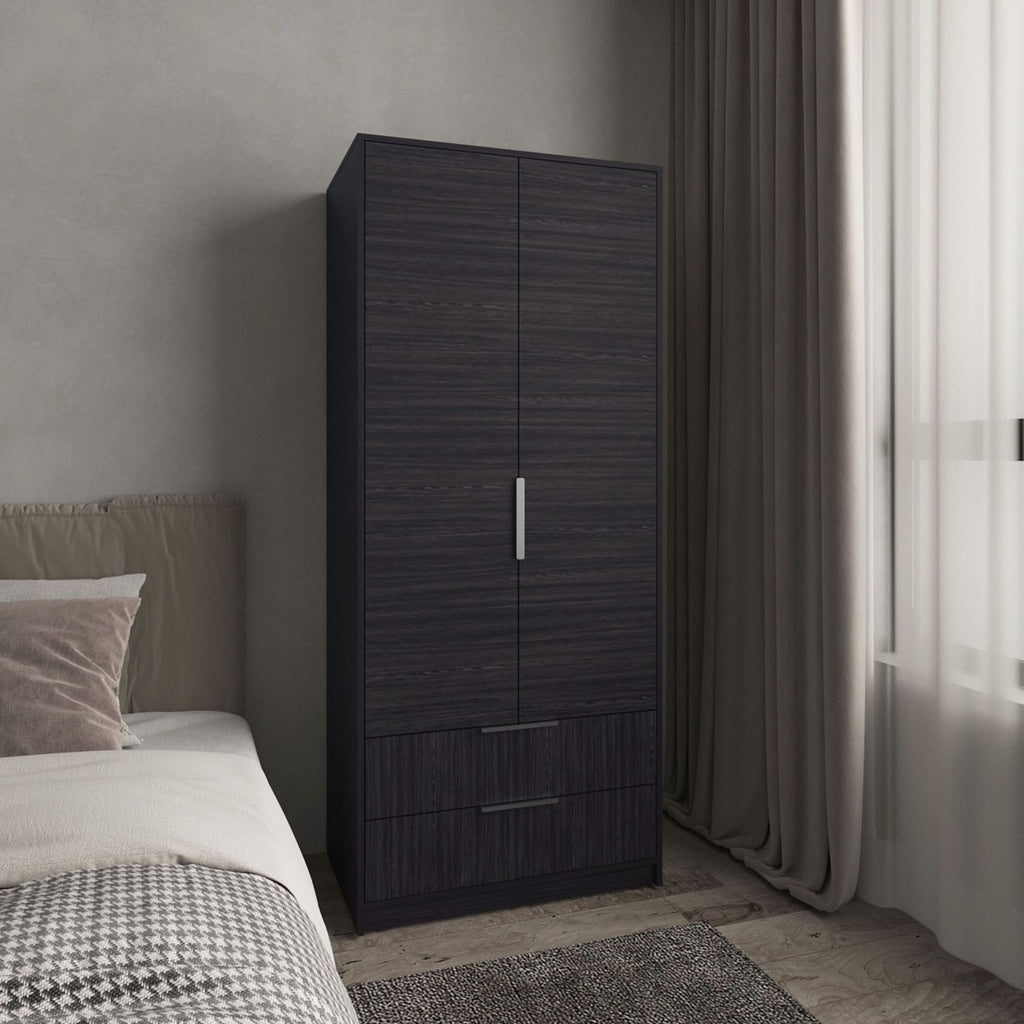 Wenden Armoire Double Doors, Two Drawes, Hanging Rod An Interior Shleves, Wardrobe, Black