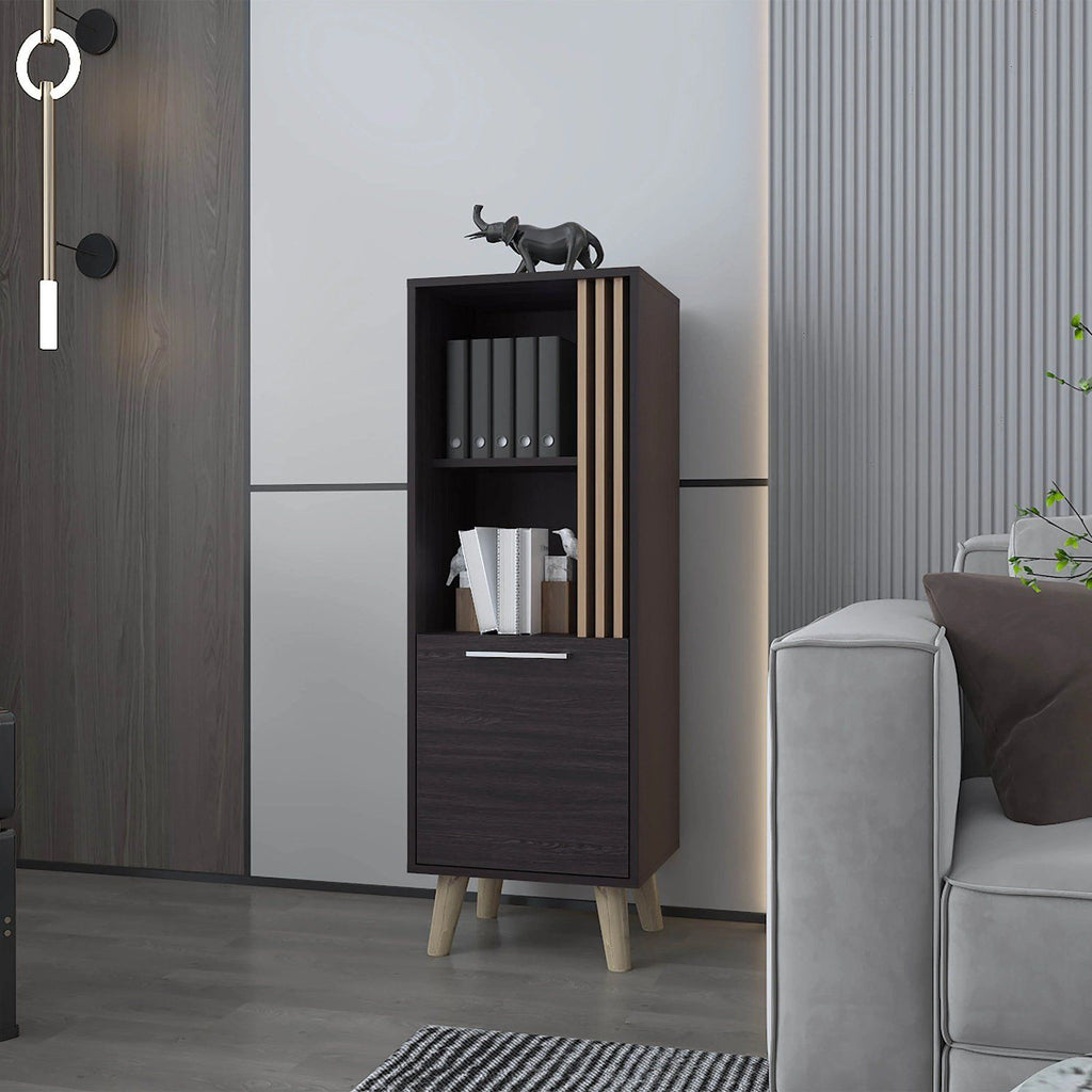 Wengue and Natural Oak Storage Cabinet with a Door and Open Storage