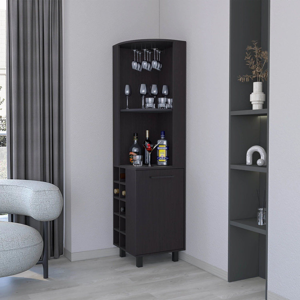 Wengue Corner Bar Cabinet with Glass Holder and Wine Rack