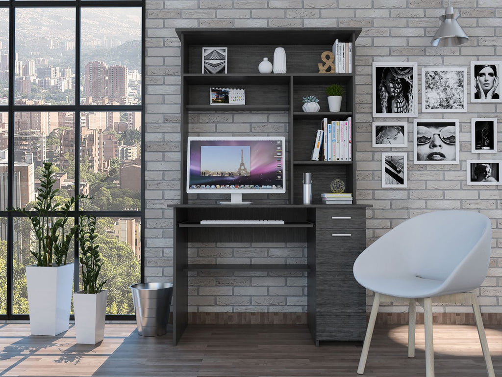 Weston Two Writing Computer Desk, Hutch, Single Drawer and Cabinet, Six Shelves