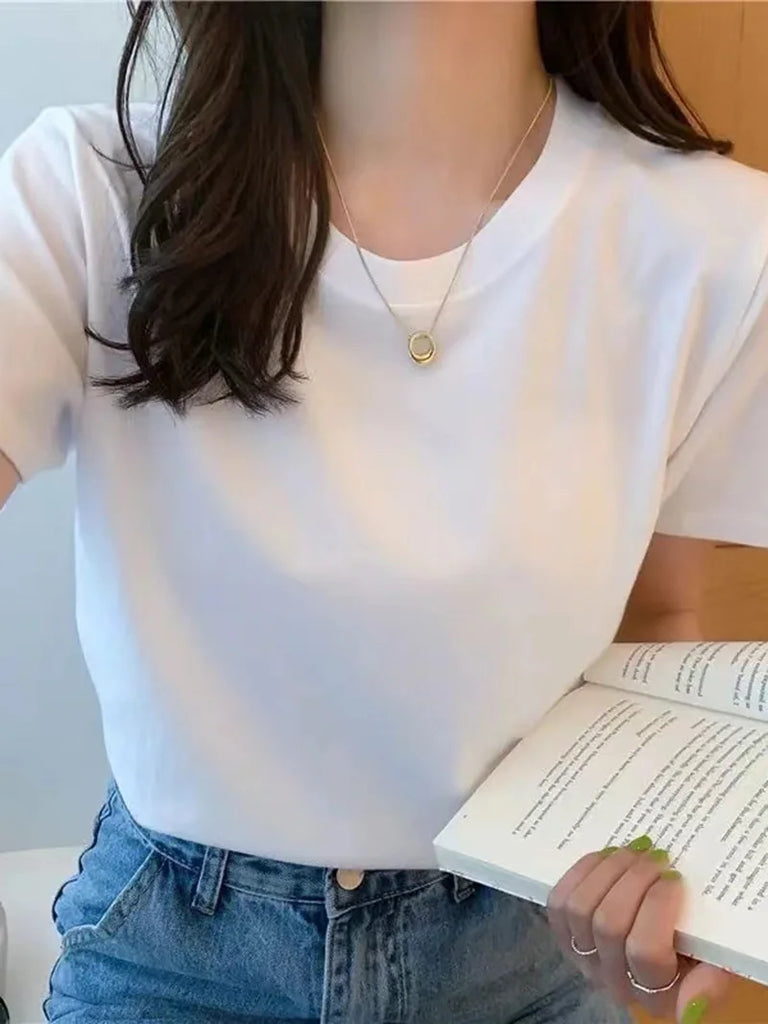 Solid Cotton Women’s Short Sleeve T Shirt Loose Fit O Neck Basic Black White Thin Casual Tops Harajuku Style Outerwear Tee