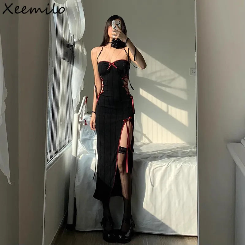 Gothic Sexy Bow Applique Bandage Long Dress with Strapless Design and High Slit for Club and Party Fashion