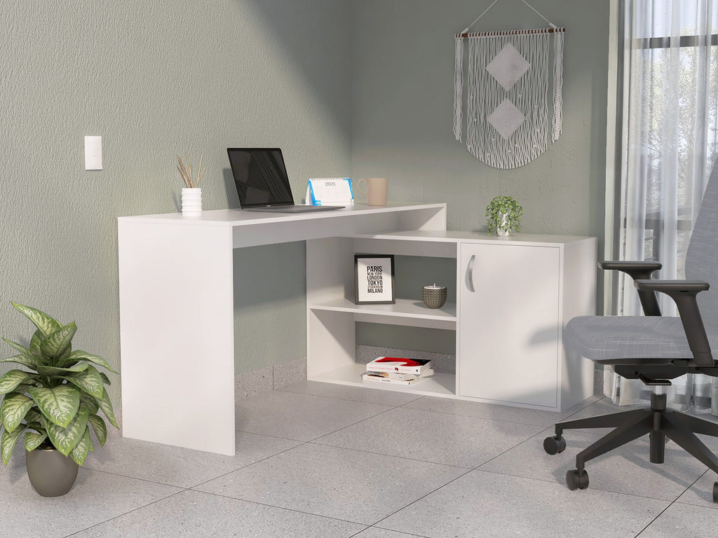 White 1-Drawer 2-Shelf L-Shaped Office Desk