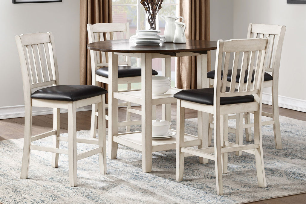 White and Dark Cherry Finish 5pc Counter Height Set Table with 2x Bottom Shelves Drop Side Leaves and 4 Chairs Kitchen Dining Furniture