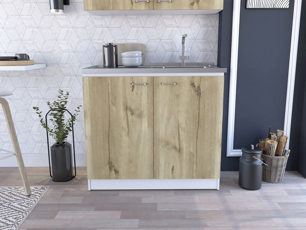 White and Light Oak Rectangle 2-Door Utility Sink and Cabinet