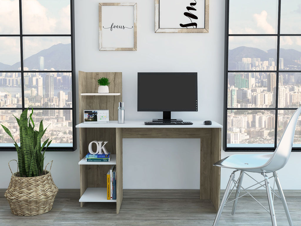 White and Pine 4-Shelf Writing Desk