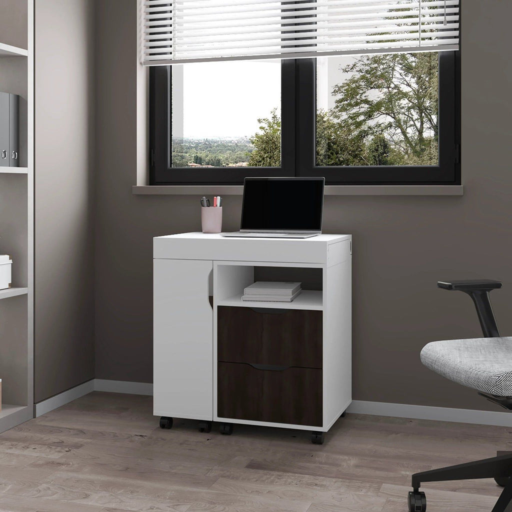 White and Stained Walnut 2-Drawer Extendable Desk with Sliding Mechanism