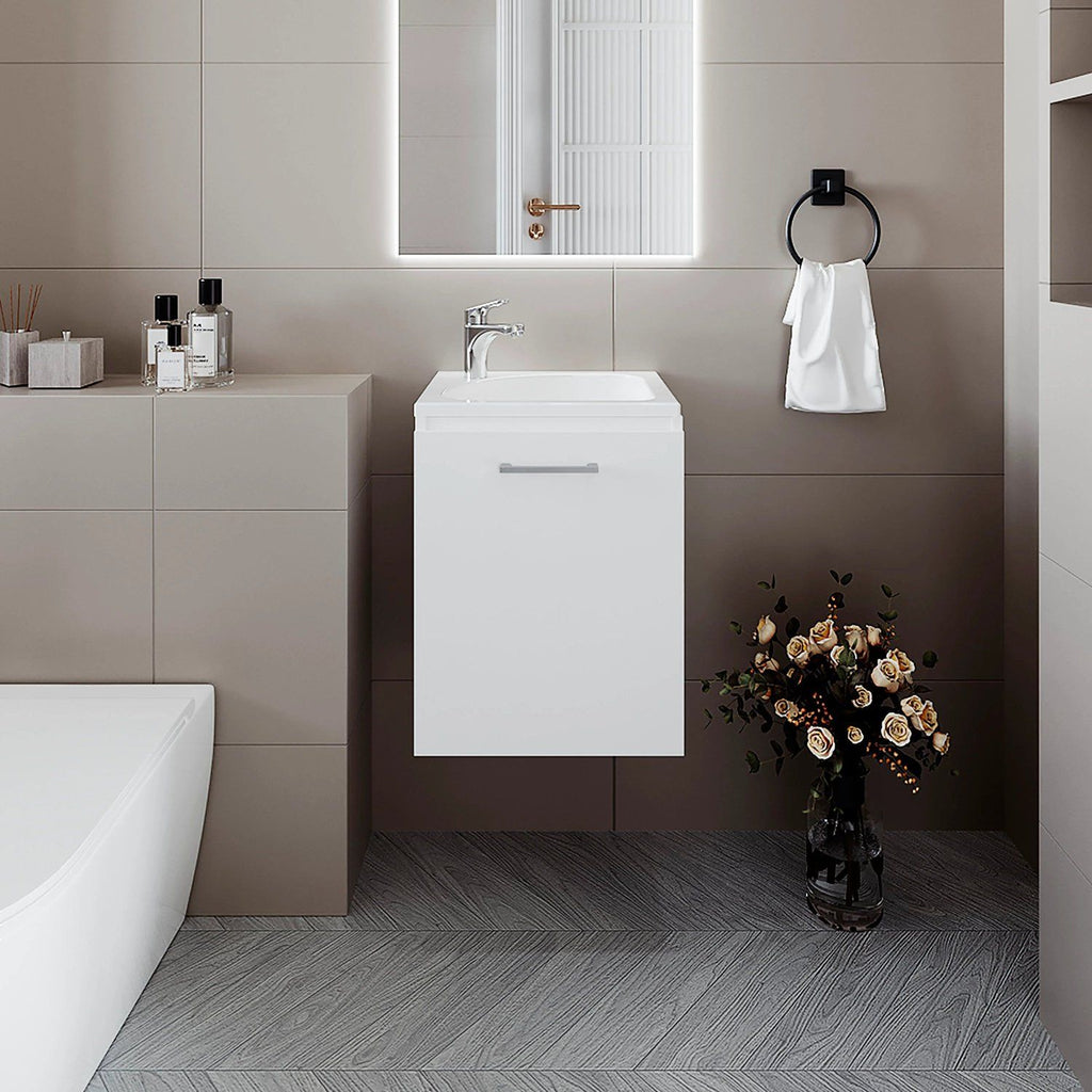 White Bathroom Vanity with Integrated Sink and Faucet