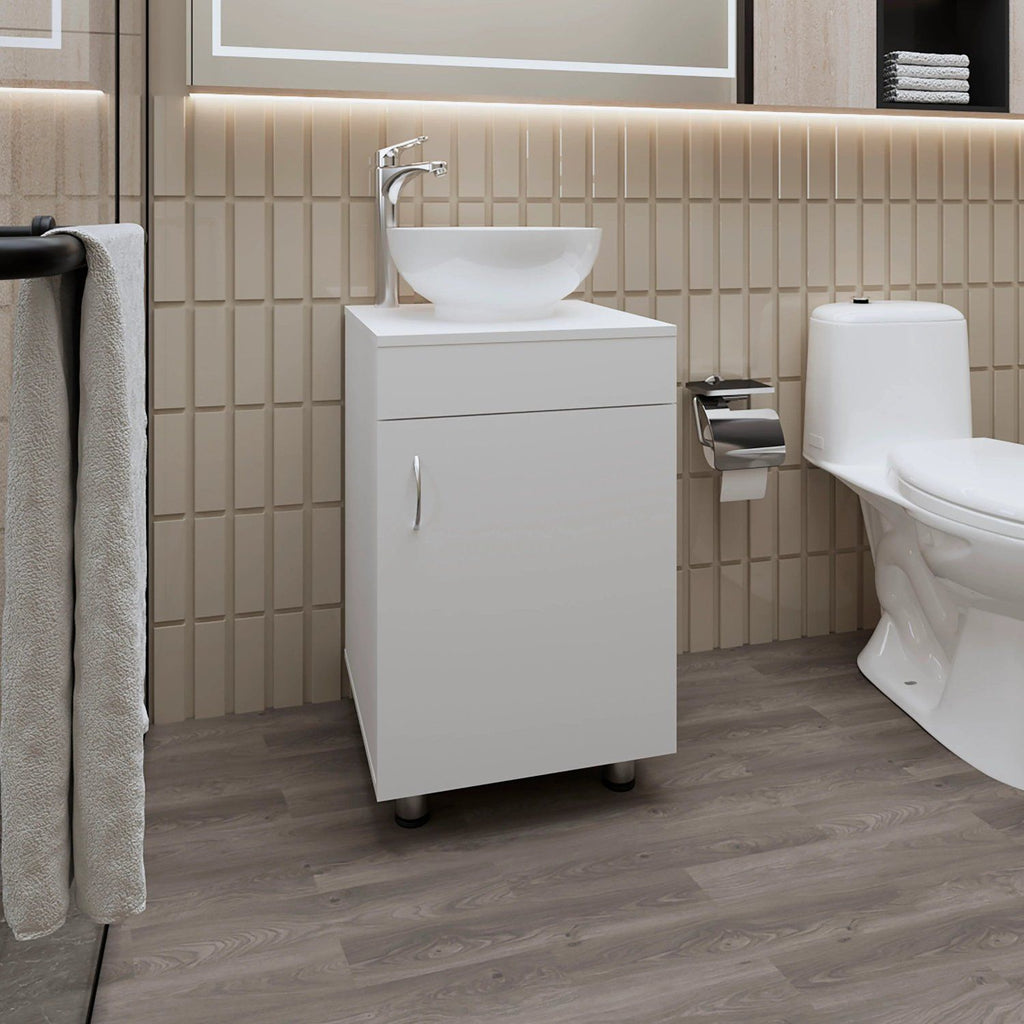 White Bathroom Vanity with Integrated Sink and Faucet