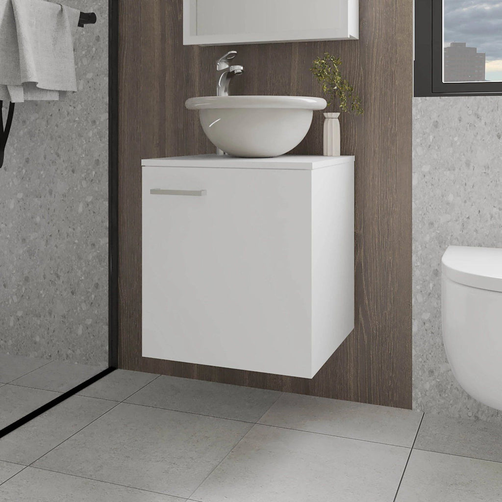 White Bathroom Vanity with Integrated Sink and Faucet