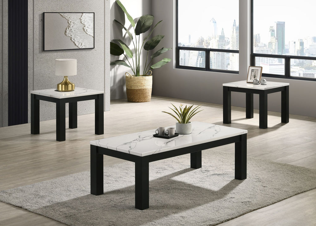 White Black 3-Piece Living Room Table Set Faux Marble Table Top Cocktail Table and Two Matching End Tables Wooden Furniture