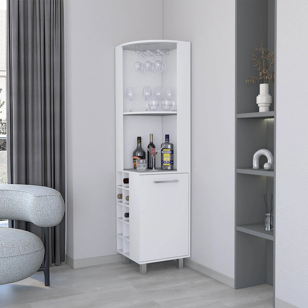 White Corner Bar Cabinet with Glass Holder and Wine Rack