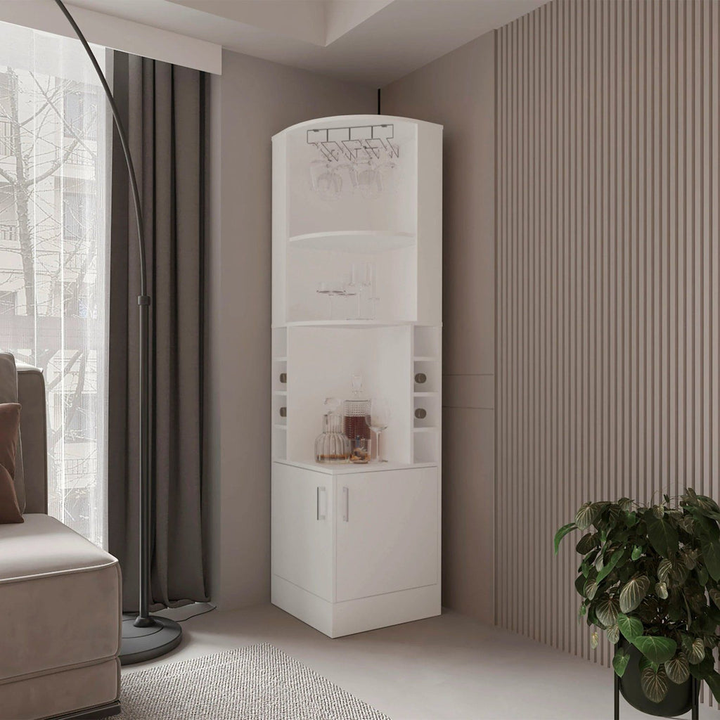 White Corner Bar Cabinet with Wine Storage and Glass Rack