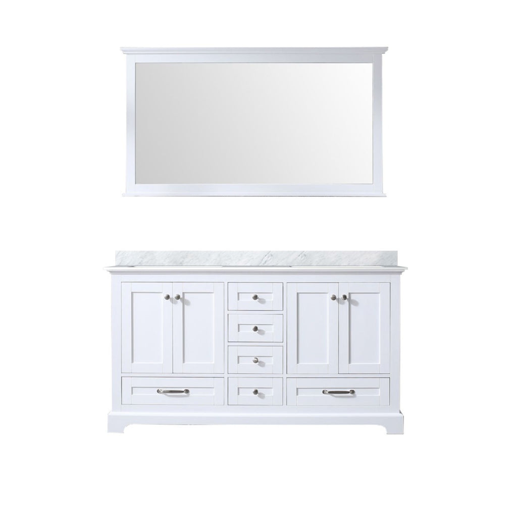 White Double Bath Vanity 60 in. W x 22 in. D, Carrara Marble Top, and 58 in. Mirror