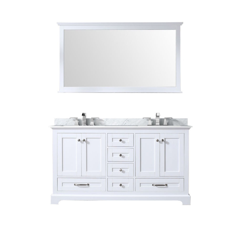 White Double Bath Vanity 60 in. W x 22 in. D, Carrara Marble Top, Faucet Set, and 58 in. Mirror
