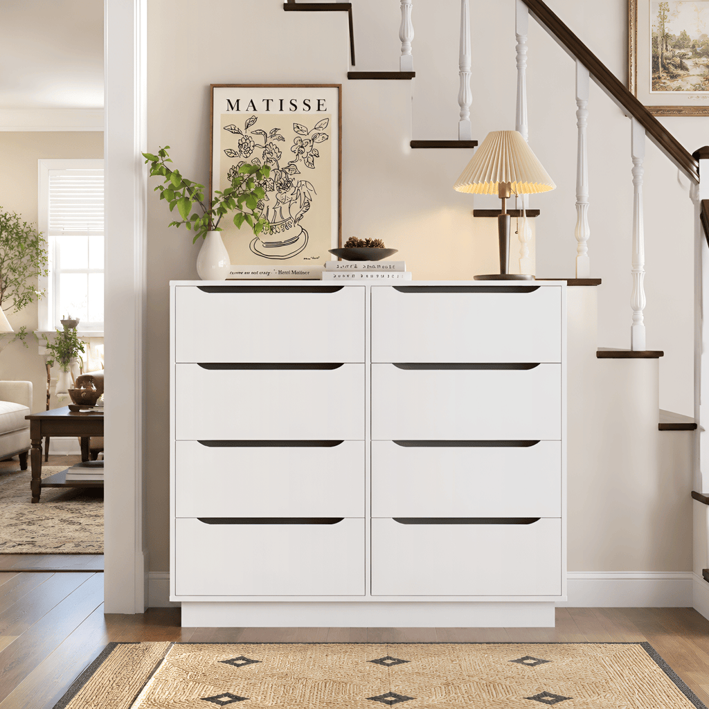 White Dresser for Bedroom, Long Dresser with 8 Drawers, 47.2''W Wooden Dressers Chest of 8 Drawers, Large Capacity Clothing Storage Cabinet, Wide Dressers for Bedroom Living Room Entryway
