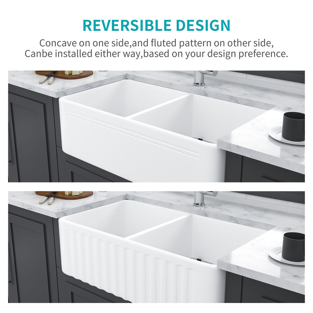 White Farmhouse Sink - 33 Inch Kitchen Sink Apron Front Double Bowl 50/50 White Ceramic Kitchen Farm Sink
