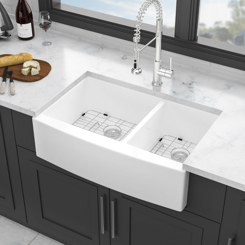 White Farmhouse Sink - 33 inch White Ceramic Double Bowl 60/40 Farm Kitchen Sink