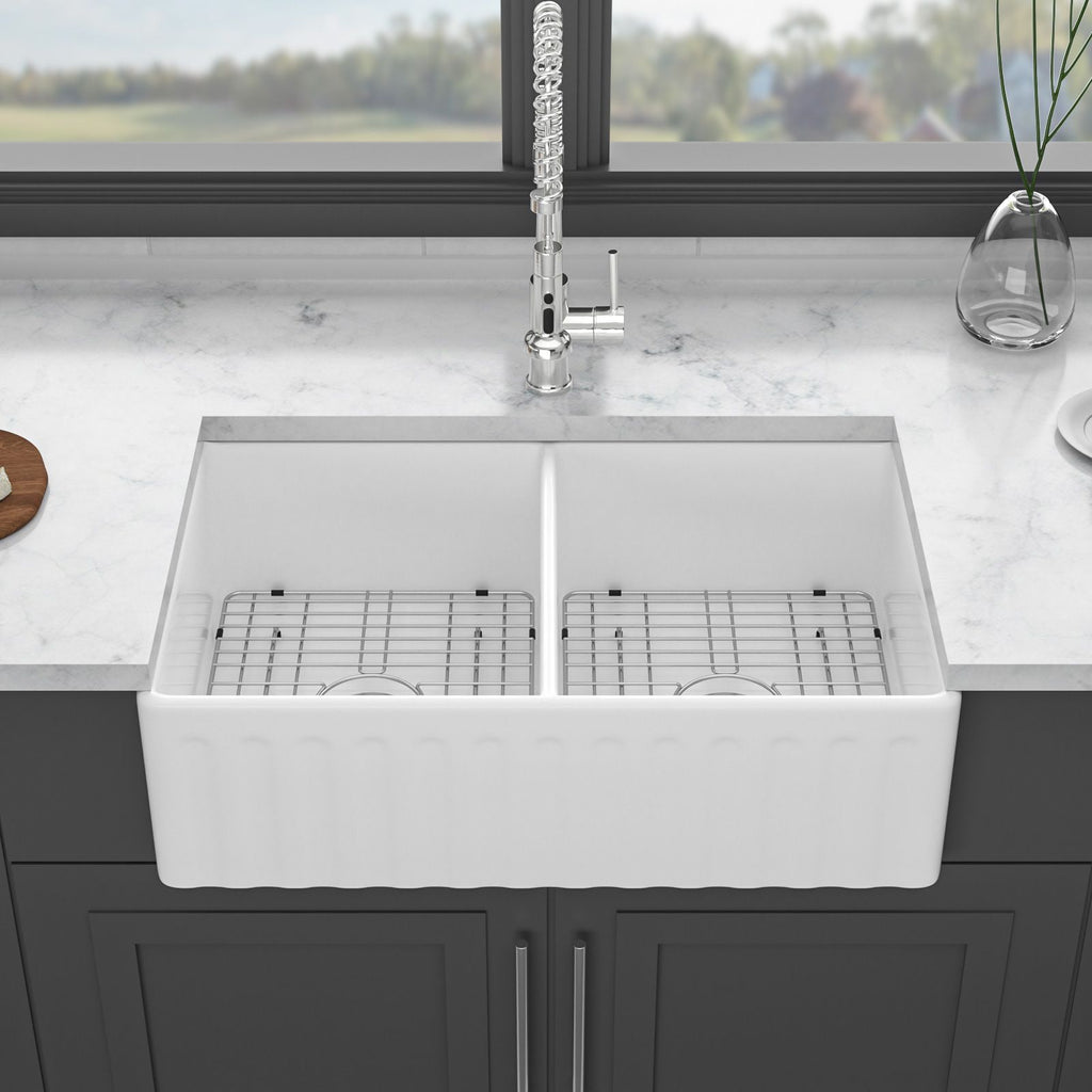 White Farmhouse Sink - 33 inch White Ceramic Double Bowl Farm Kitchen Sink