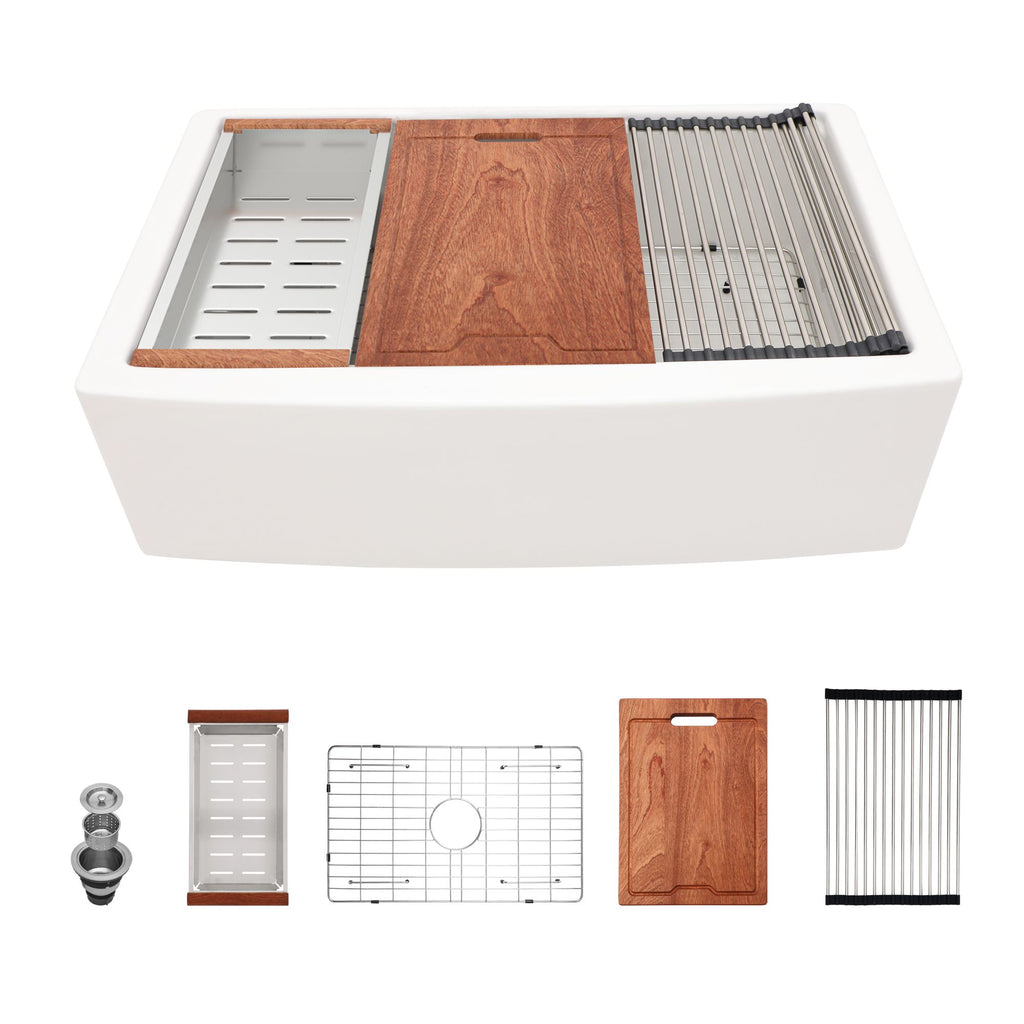 White Farmhouse Sink Workstation - 33 inch White Ceramic Single Bowl Farm Kitchen Sink