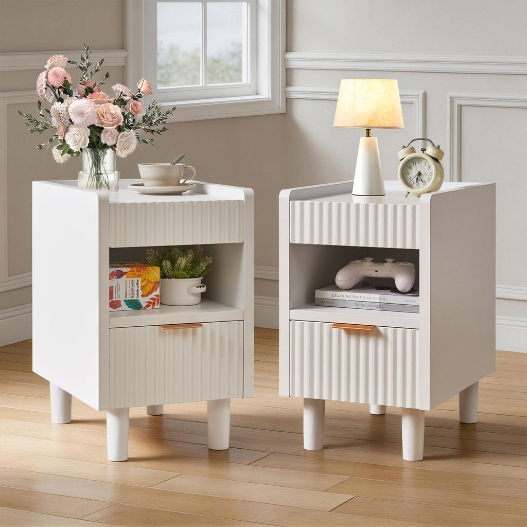 White Fluted Wood Nightstands with Drawer and Open Storage, 2 Pack Modern Bedroom Bedside Side End Tables for Living Room Home Decor