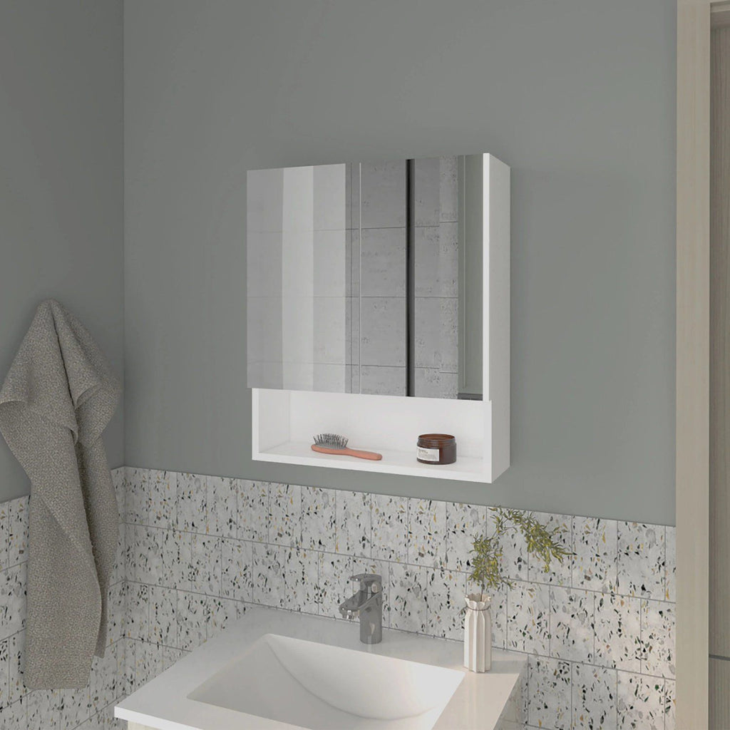 White Medicine Cabinet with Mirrored Doors and Open Storage