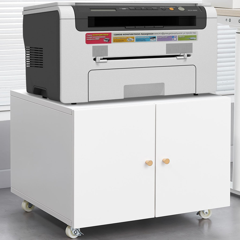 White Metal Printer Stand with Storage Mobile Printer Tables for Small Spaces with Door Adjustable Shelf File Cabinet on Wheels for Home Office.