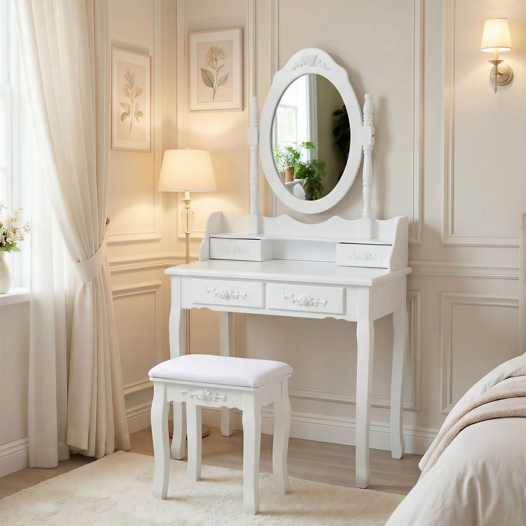 White Princess Vanity Desk Set with Mirror & Cushioned Stool, 4-Drawer Wooden Makeup Vanity Table for Girls' Bedroom, Dressing Table with Ample Storage