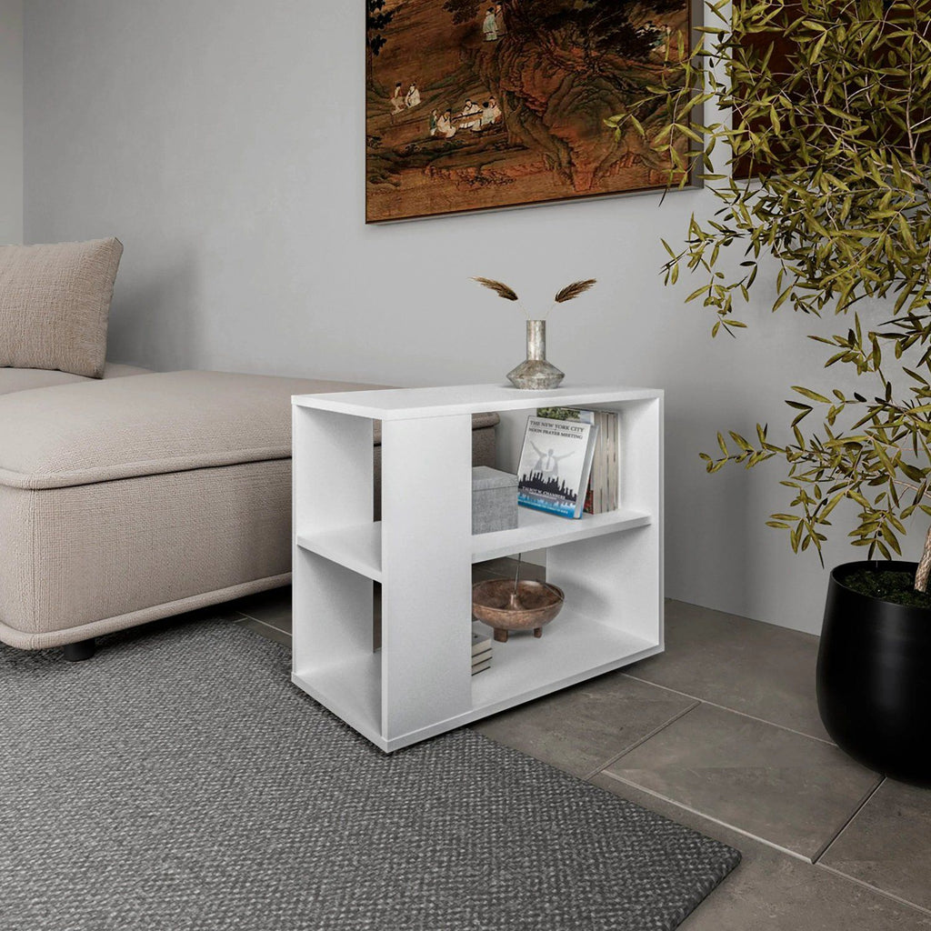 White Side Table in Melamine with Open Storage