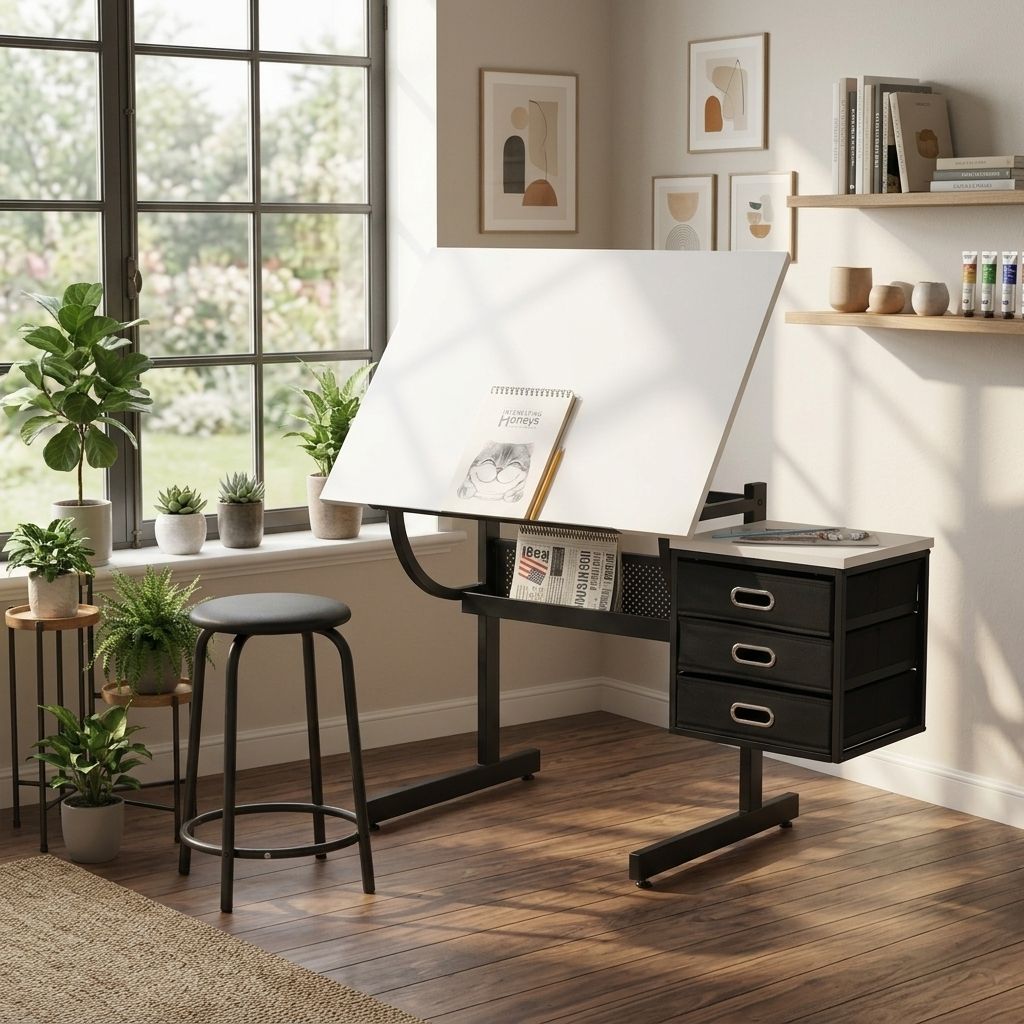 White tabletop Adjustable drafting drawing table for Crafting, Reading, Writing with stool and 3 Storage drawers