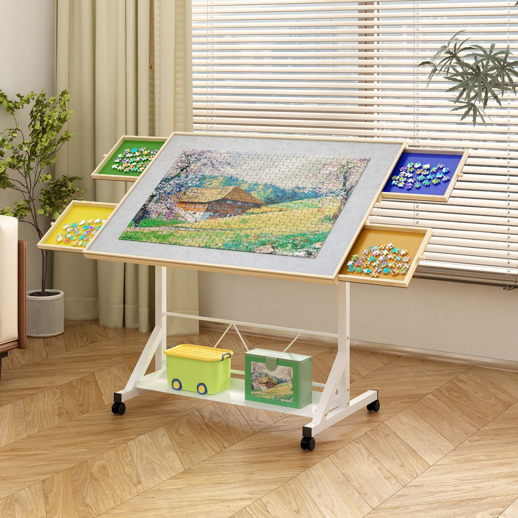 (WHITE) Wooden 1500 Piece Puzzle Table with Drawer, 35"*27.17" Adjustable Puzzle Table, 360° Tilting Puzzle Table with Legs and Wheels, Adjustable Height and Angle, with Protective Cover