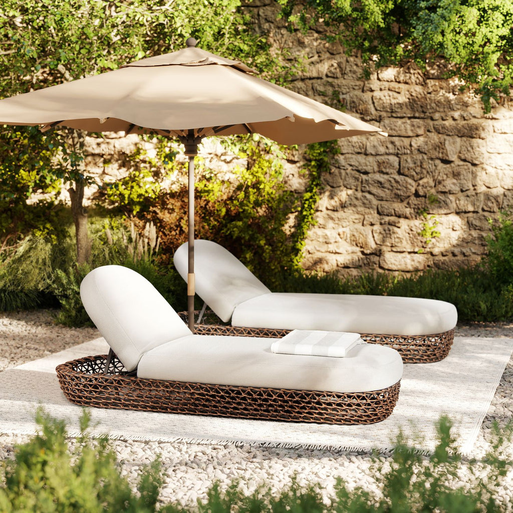 Willow 80.5" Sunbrella Upholstered Woven Patio Lounger, Golden Brown Wicker Frame, Wheat Beige