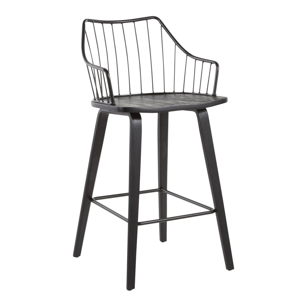 Winston Farmhouse Counter Stool in Black Wood and Black Metal by