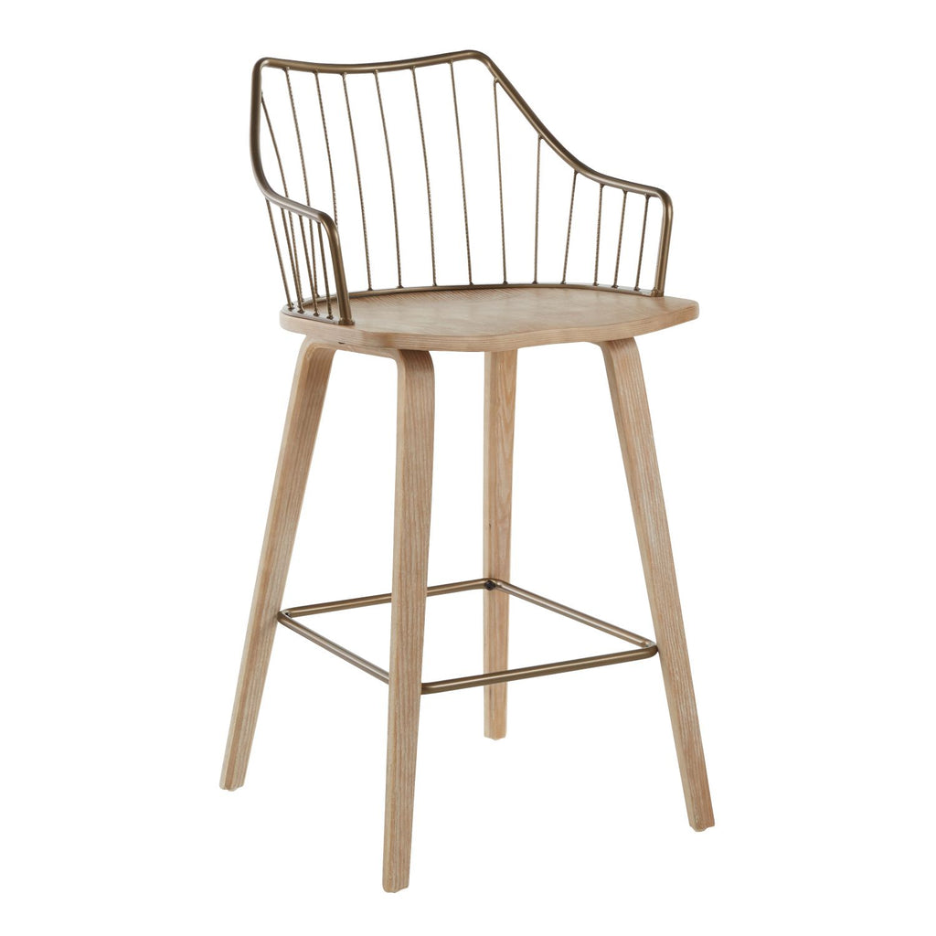 Winston Farmhouse Counter Stool in White Washed Wood and Antique Copper Metal by