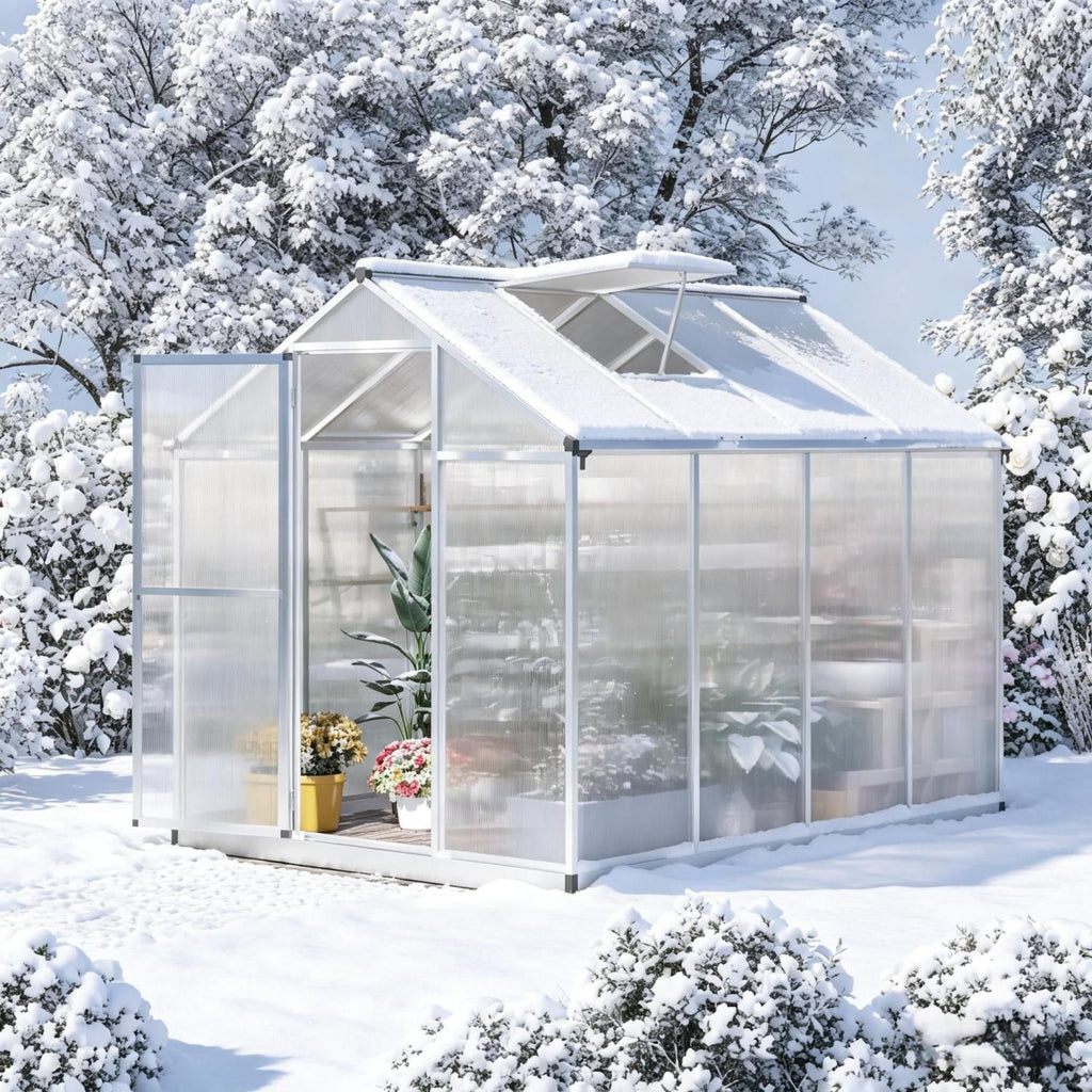 Winter Walk-In Polycarbonate Greenhouse with Roof Vent for Ventilation & Rain Gutter 8' L x 6' W
