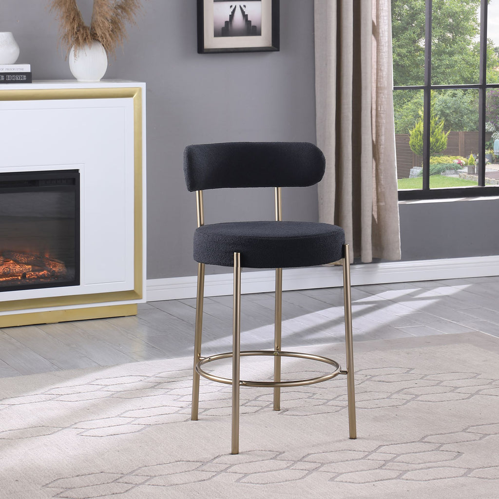 Woker Furniture Modern Sherpa Counter Height Stools Set of 2, Uphsoltered 26" Seat Height Barstools with Brushed Brass Metal Legs Round Low Back Kitchen Stools with Footrest for Dining Room, Black