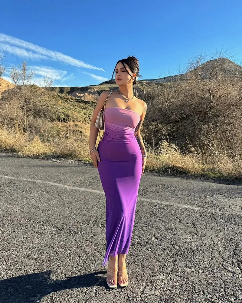 Women Tie Dye Gradient Sleeveless Backless Strapless Dress Summer Sexy Slim Bodycon Beachwear Chest Wrapping Dress