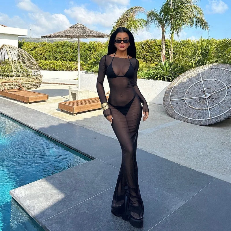 Women Slash Neck Mesh See-Through Dress Elegant Long Sleeve Floor-Length Solid Gown with Beach Cover-up