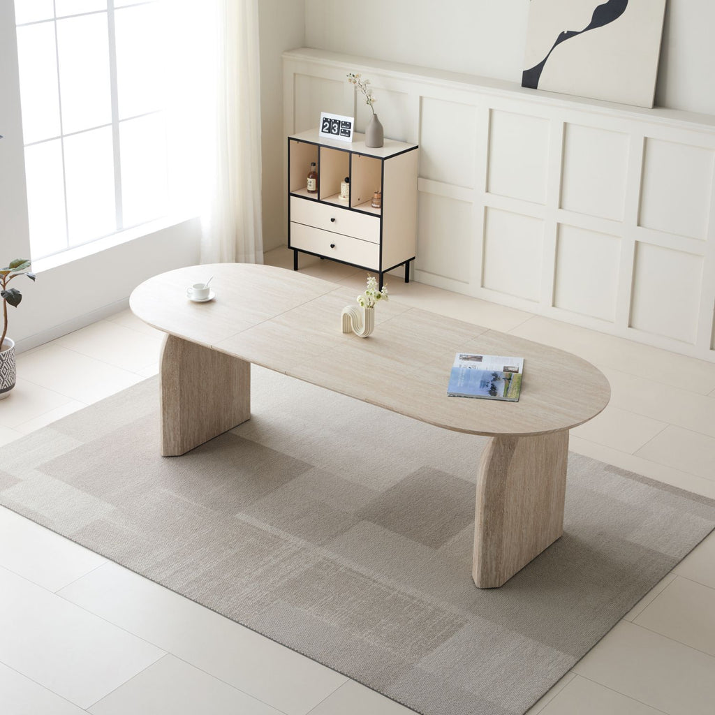 Wood Extendable Dining Table, Modern Oval Kitchen Table with Stylish Dual - Pillar Design, Perfect for Home Dining & Gathering, Multi-functional and Space-saving, Living Room and Dining Room.