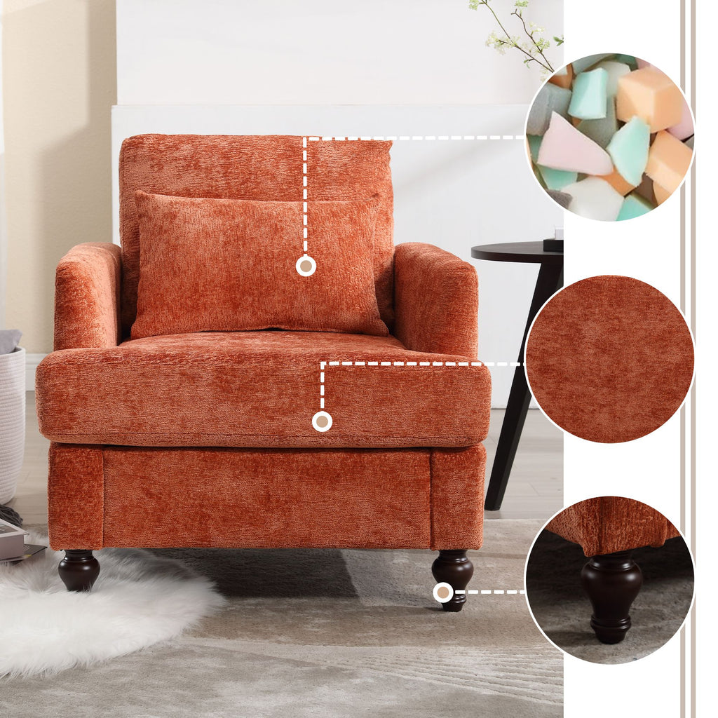 Wood Frame Armchair, Modern Accent Chair Lounge Chair for Living Room,Tufted Club Chair, Mid Century Modern Arm Chairs with Studded, Solid Wood Frame, for Bedroom, Reading (Orange Chenille)