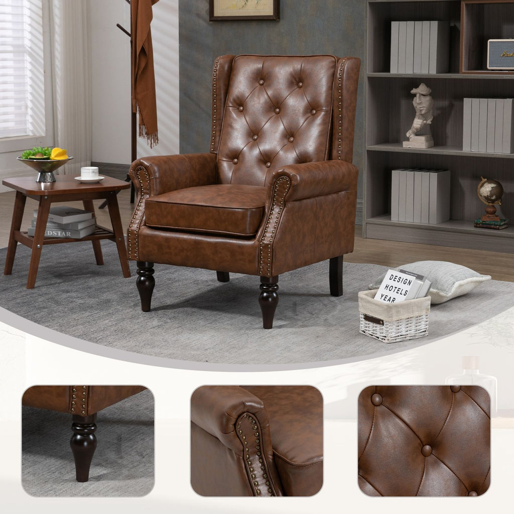 Wood Frame Armchair, Modern Accent Chair Lounge Chair with Sturdy Wood Legs for Living Room Bedroom (Brown PU)