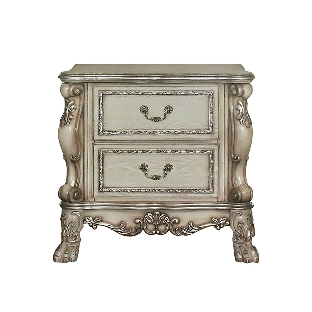 Wooden 2 Drawers Nightstand in Gold Patina and Bone Finish