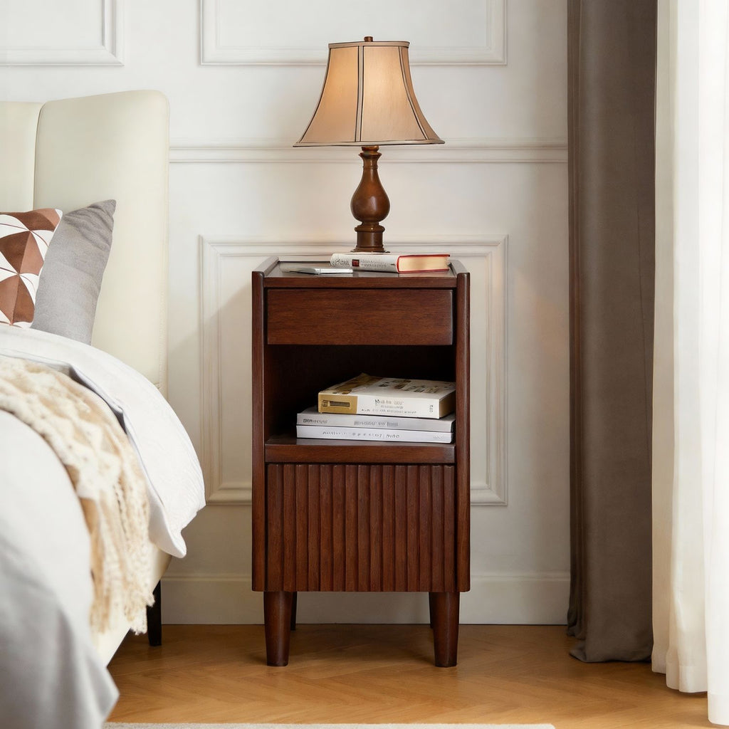 Wooden Bedside Table with 1 Drawer Open Shelves, Wood Board Side Tables Storage Small Narrow Desk Chest of Drawer, Lamp Stand Nightstand Cabinet, Bedroom Living Room Home Furniture
