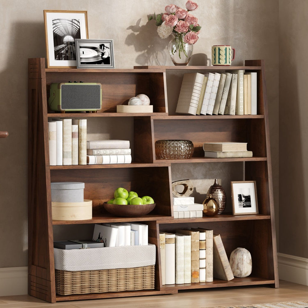 Wooden Expandable Bookshelf Storage Rack, 4-Tier L-Shaped Adjustable 2-Piece Bookcase, Extendable up to 47 Inches for Wall Corner & Small Spaces